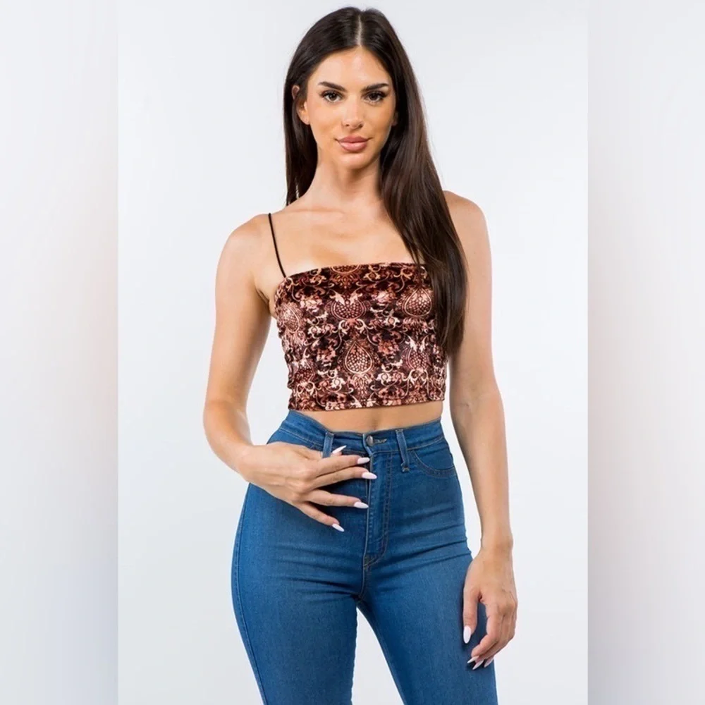 Bear Dance Baroque Printed Burgundy Red Velvet Crop Top
